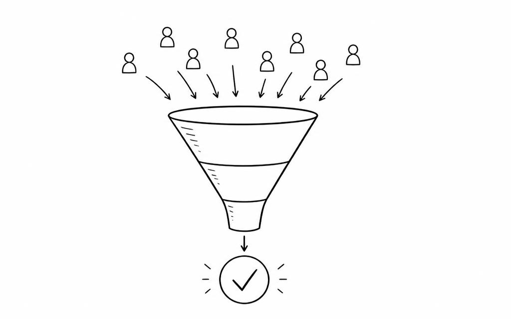 Line drawing of visitors flowing through a funnel